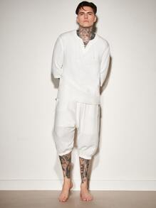 Manfinity VCAY Loose Men Cotton Lace Up Front Notched Neckline Blouse - White - View 4