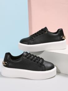 Chain Decor Lace-up Front Skate Shoes - Black - View 1