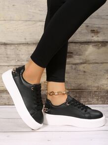 Chain Decor Lace-up Front Skate Shoes - Black - View 2