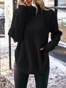 SHEIN LUNE Áo len cổ lọ tay rớt vai dệt kim mùa thu đông - màu đen - Xem 1