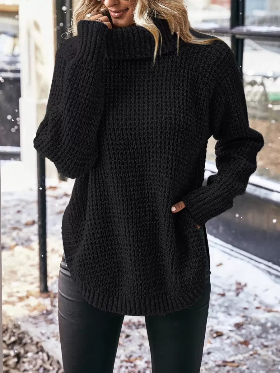 SHEIN LUNE Áo len cổ lọ tay rớt vai dệt kim mùa thu đông - màu đen - Xem 1