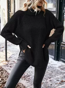 SHEIN LUNE Áo len cổ lọ tay rớt vai dệt kim mùa thu đông - màu đen - Xem 3
