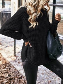 SHEIN LUNE Áo len cổ lọ tay rớt vai dệt kim mùa thu đông - màu đen - Xem 6