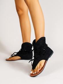 優雅黑色單色涼鞋短靴，前繫帶簡單，時尚靴子 - 黑色 - 查看 3