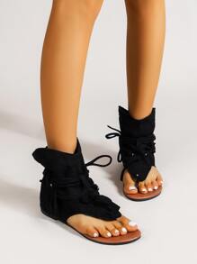 優雅黑色單色涼鞋短靴，前繫帶簡單，時尚靴子 - 黑色 - 查看 4