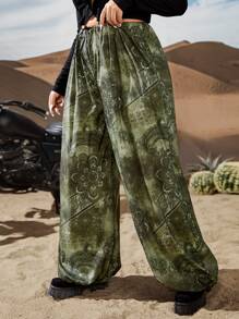 ROMWE PUNK Plus Scarf Print Drawstring Waist Pants - Multicolor - View 1