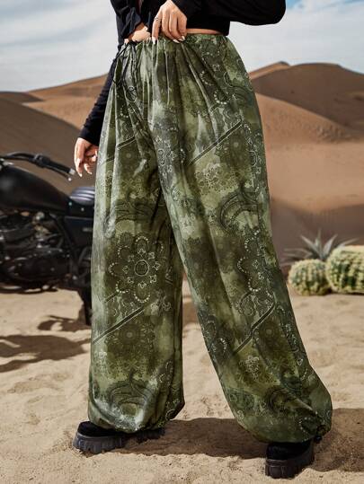 Pantalones con estampado de pañuelo de cintura con cordón