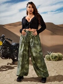 ROMWE PUNK Plus Scarf Print Drawstring Waist Pants - Multicolor - View 3