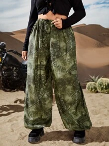 ROMWE PUNK Plus Scarf Print Drawstring Waist Pants - Multicolor - View 4