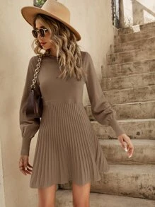 SHEIN Frenchy Lantern Sleeve Ribbed Knit Jumper Dress - Coffee Brown - View 6