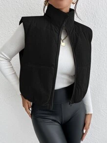 SHEIN EZwear 冬季加垫立领背心夹克 - 黑色 - 查看 3