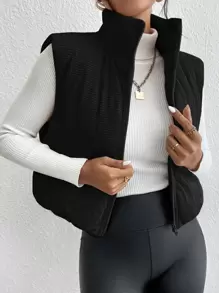 SHEIN EZwear 冬季加垫立领背心夹克 - 黑色 - 查看 4