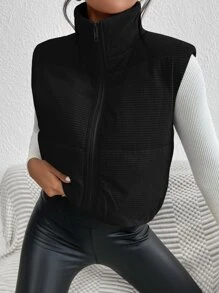 SHEIN EZwear 冬季加垫立领背心夹克 - 黑色 - 查看 5