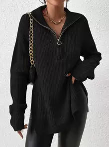 SHEIN Frenchy Half Zip Drop Shoulder Grain Black Sweater,Long Sleeve Tops In Fall/Winter Casual Black - Black - View 1