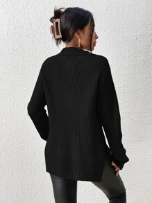 SHEIN Frenchy Half Zip Drop Shoulder Grain Black Sweater,Long Sleeve Tops In Fall/Winter Casual Black - Black - View 2