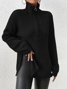 SHEIN Frenchy Half Zip Drop Shoulder Grain Black Sweater,Long Sleeve Tops In Fall/Winter Casual Black - Black - View 5
