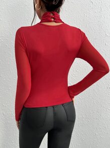 SHEIN BAE 網紗拼接交叉繞頸上衣 - 紅色 - 查看 2