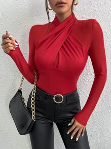 SHEIN BAE 網紗拼接交叉繞頸上衣 - 紅色 - 查看 3