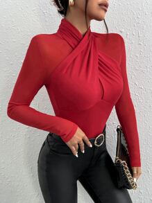 SHEIN BAE 網紗拼接交叉繞頸上衣 - 紅色 - 查看 4
