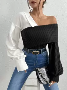 SHEIN Essnce Áo nữ Gân đan Khối Màu Giải trí - màu đen - Xem 1