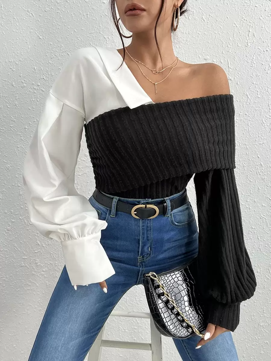 SHEIN Essnce Áo nữ Gân đan Khối Màu Giải trí - màu đen - Xem 1