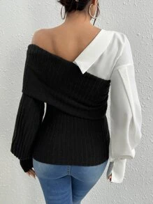 SHEIN Essnce Áo nữ Gân đan Khối Màu Giải trí - màu đen - Xem 2