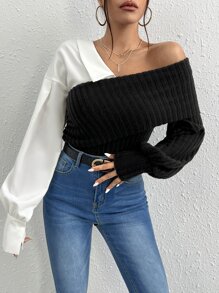 SHEIN Essnce Áo nữ Gân đan Khối Màu Giải trí - màu đen - Xem 3