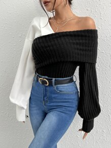 SHEIN Essnce Áo nữ Gân đan Khối Màu Giải trí - màu đen - Xem 4