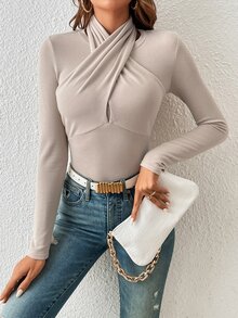 SHEIN Privé Áo thun nữ Hội Chữ thập màu trơn Giải trí - Màu be - Xem 3