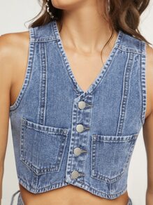 Adjustable Button Down Patched Pocket Denim Vest - Medium Wash - View 3