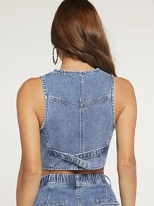 Adjustable Button Down Patched Pocket Denim Vest - Medium Wash - View 2