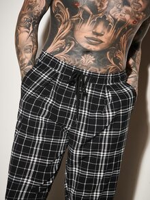 Manfinity Men Plaid Drawstring Waist Trousers - Black and White - View 4