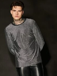 Manfinity Men Round Neck Glitter Tee - Silver - View 5