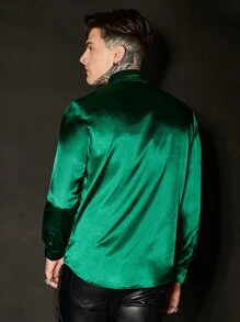 GENTILAND Loose Fit Men's Solid Color Satin Button-Front Shirt - Dark Green - View 10