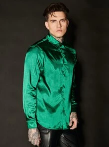 GENTILAND Loose Fit Men's Solid Color Satin Button-Front Shirt - Dark Green - View 5