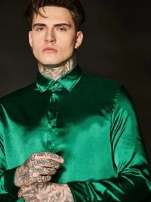 GENTILAND Loose Fit Men's Solid Color Satin Button-Front Shirt - Dark Green - View 9