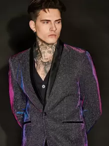 GENTILAND 男士金屬亮絲青果領單釦西裝外套 - 紫色 - 查看 6