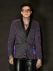 GENTILAND 男士金屬亮絲青果領單釦西裝外套 - 紫色 - 查看 7