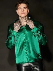 GENTILAND Loose Fit Men's Solid Color Satin Button-Front Shirt - Dark Green - View 8