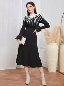 Modelyn Fuzzy Cuff Pearls Beaded Detail Jumper Dress - Black - View 1