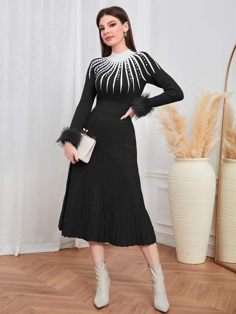 Modelyn Fuzzy Cuff Pearls Beaded Detail Jumper Dress - Black - View 1