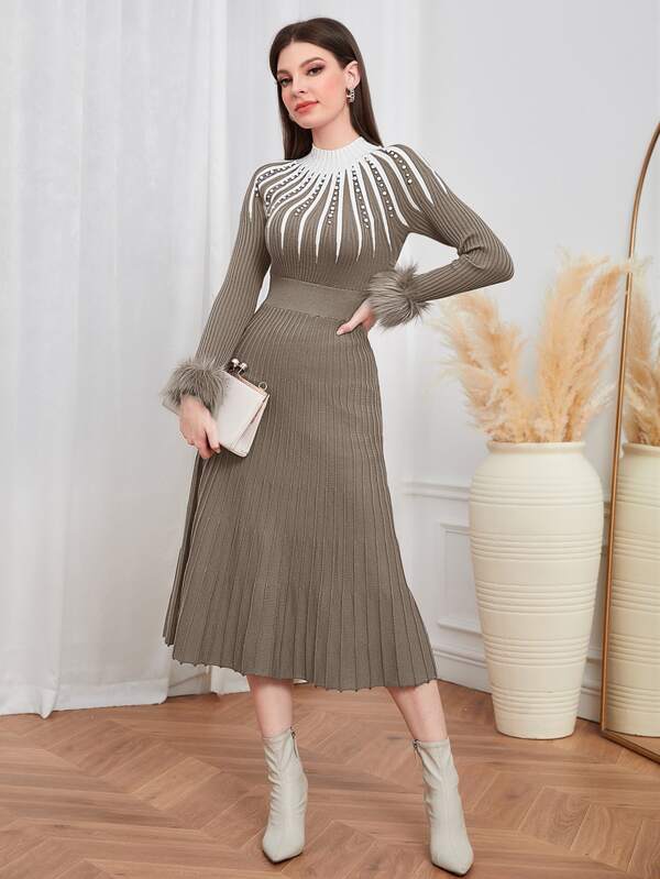 Modelyn Fuzzy Cuff Pearls Beaded Detail Sweater Dress