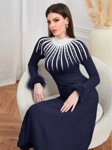 Modelyn 毛茸茸袖口珍珠串珠細節毛衣裙 - 藏蓝色 - 查看 4