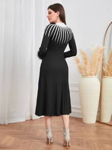 Modelyn Fuzzy Cuff Pearls Beaded Detail Jumper Dress - Black - View 2