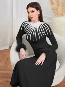 Modelyn Fuzzy Cuff Pearls Beaded Detail Jumper Dress - Black - View 4