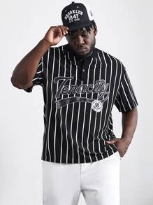 Manfinity Men Plus Striped & Letter Graphic Half Button Shirt - Black - View 8