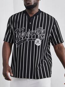 Manfinity Men Plus Striped & Letter Graphic Half Button Shirt - Black - View 4