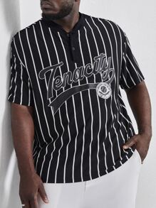 Manfinity Men Plus Striped & Letter Graphic Half Button Shirt - Black - View 6