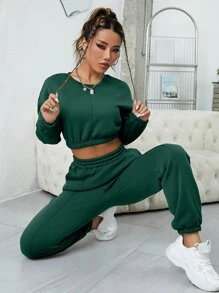 SHEIN EZwear 素色加絨內裏短款運動衫和運動褲 - 墨綠色 - 查看 1