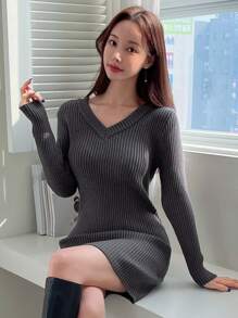DAZY Ribbed Knit Jumper Dress - Dark Grey - View 7